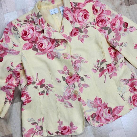 Emma James Floral Blazer Linen Blend 3/4 Sleeve Button Front Jacket 16 - Picture 2 of 7